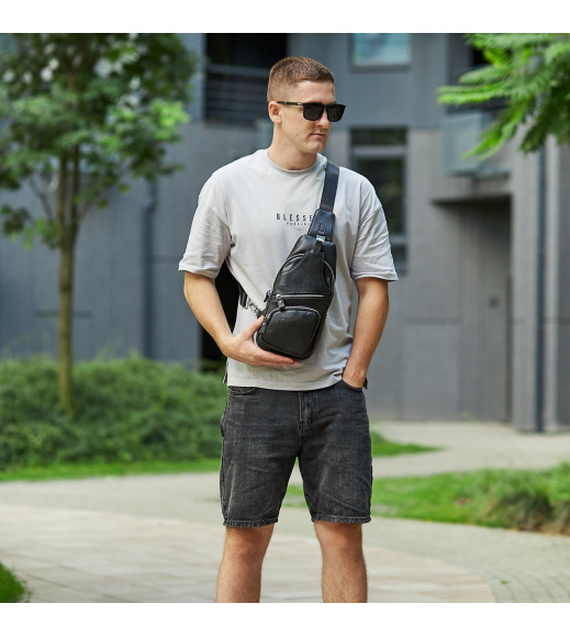 Сумка-слинг мужская на плече 17х32х7, рюкзак нагрудный для кожи TIDING BAG MK16094 черный