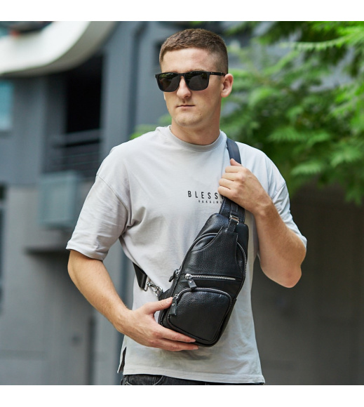 Сумка-слинг мужская на плече 17х32х7, рюкзак нагрудный для кожи TIDING BAG MK16094 черный