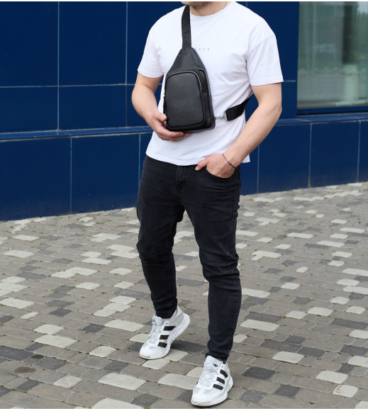 Мужская сумка из натуральной кожи 18х31х7, бананка через плечо Tiding Bag 34091 черная