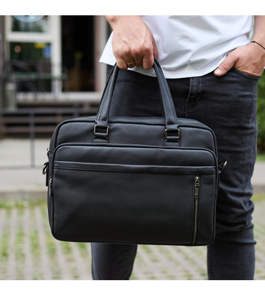 Офисная мужская сумка через плечо 39х29х10, кожаный портфель-мессенджер для бизнеса, черный