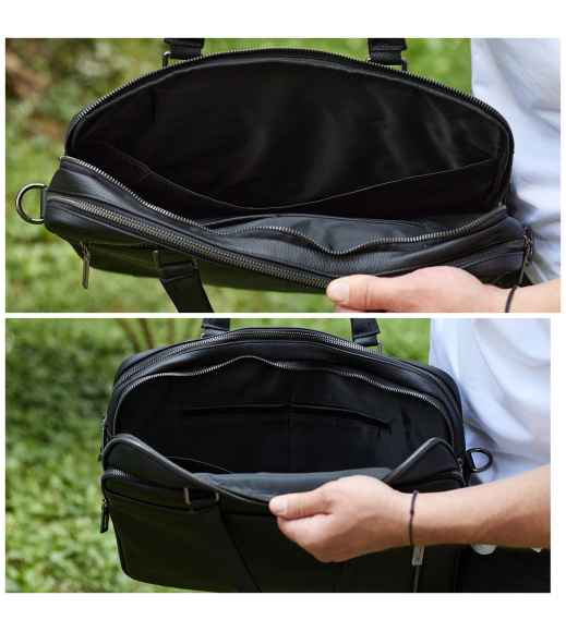 Офисная мужская сумка через плечо 39х29х10, кожаный портфель-мессенджер для бизнеса, черный