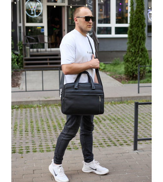 Офисная мужская сумка через плечо 39х29х10, кожаный портфель-мессенджер для бизнеса, черный