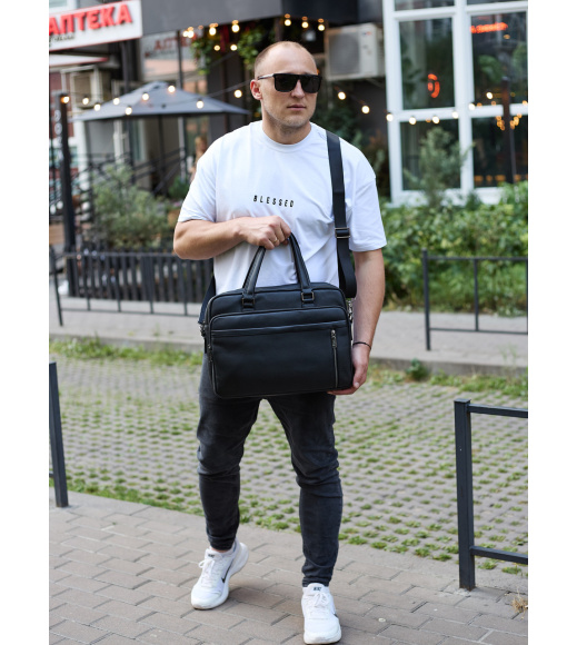 Офисная мужская сумка через плечо 39х29х10, кожаный портфель-мессенджер для бизнеса, черный