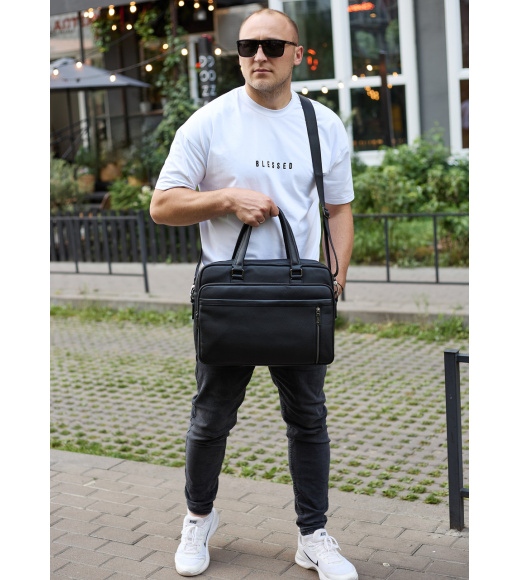 Офисная мужская сумка через плечо 39х29х10, кожаный портфель-мессенджер для бизнеса, черный