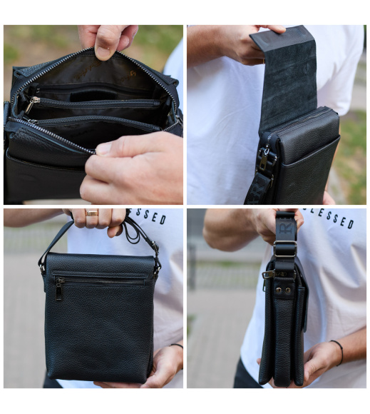 Кожаный мессенджер для мужчины 23х19х7, барсетка через одно плечо, сумка для документов, черная