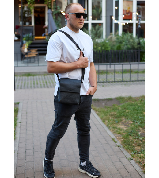 Кожаный мессенджер для мужчины 23х19х7, барсетка через одно плечо, сумка для документов, черная