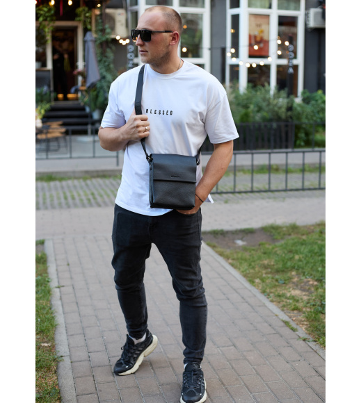 Кожаный мессенджер для мужчины 23х19х7, барсетка через одно плечо, сумка для документов, черная