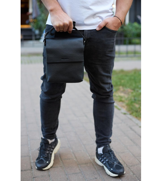 Кожаный мессенджер для мужчины 23х19х7, барсетка через одно плечо, сумка для документов, черная