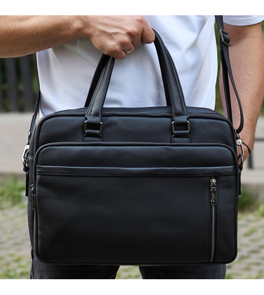 Офисная мужская сумка через плечо 39х29х10, кожаный портфель-мессенджер для бизнеса, черный