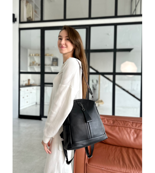 Кожаный женский рюкзак 23х30х13, сумка наплечная на каждый день, черная