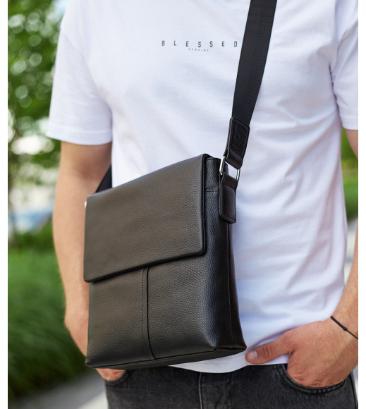 Мужской классический мессенджер 23х26х6, кожаный барсетка через плечо Tiding Bag 2862 черный