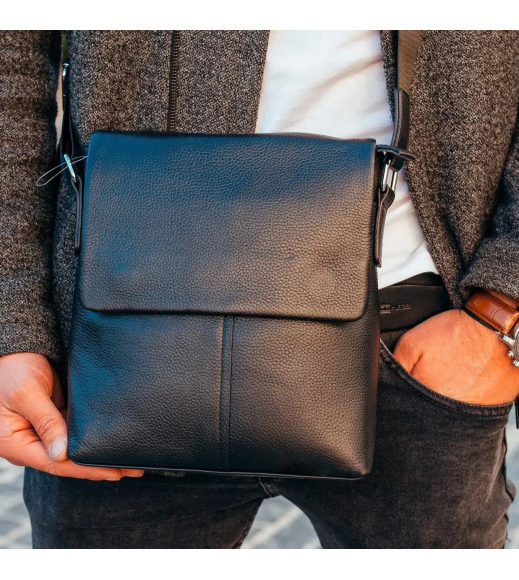Мужской классический мессенджер 23х26х6, кожаный барсетка через плечо Tiding Bag 2862 черный