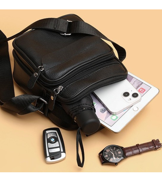 Мужская кожаная сумка планшет 17х21х9, барсетка через плечо с ручкой черная 86802