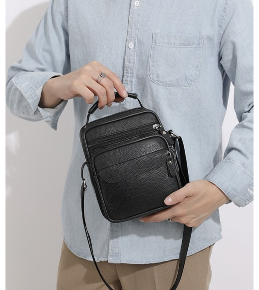 Мужская кожаная сумка планшет 17х21х9, барсетка через плечо с ручкой черная 86802