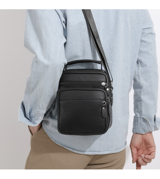 Мужская кожаная сумка планшет 17х21х9, барсетка через плечо с ручкой черная 86802