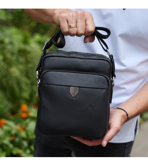 Мужская кожаная сумка-барсетка 24х20х8, компактная сумочка на плечи для мужчины, наплечный мессенджер, черная