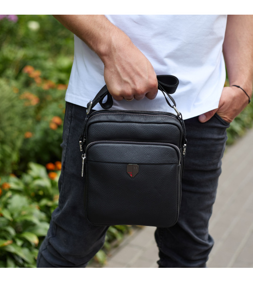 Мужская кожаная сумка-барсетка 24х20х8, компактная сумочка на плечи для мужчины, наплечный мессенджер, черная