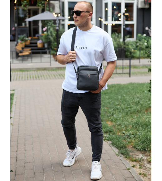 Мужская кожаная сумка-барсетка 24х20х8, компактная сумочка на плечи для мужчины, наплечный мессенджер, черная