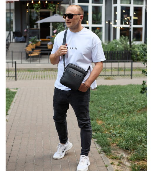 Мужская кожаная сумка-барсетка 24х20х8, компактная сумочка на плечи для мужчины, наплечный мессенджер, черная