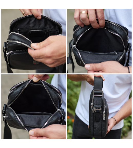 Мужская кожаная сумка-барсетка 24х20х8, компактная сумочка на плечи для мужчины, наплечный мессенджер, черная