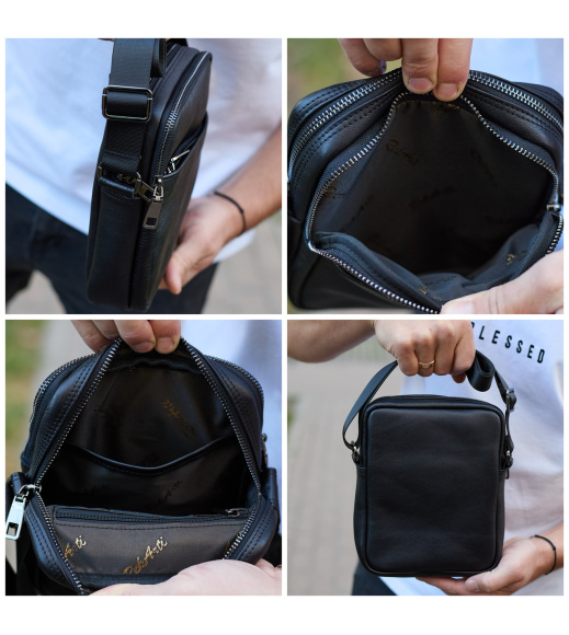 Мужская сумка через плечо, гладкая кожа 20х16х6, мессенджер для города, барсетка для телефона и документов, черная