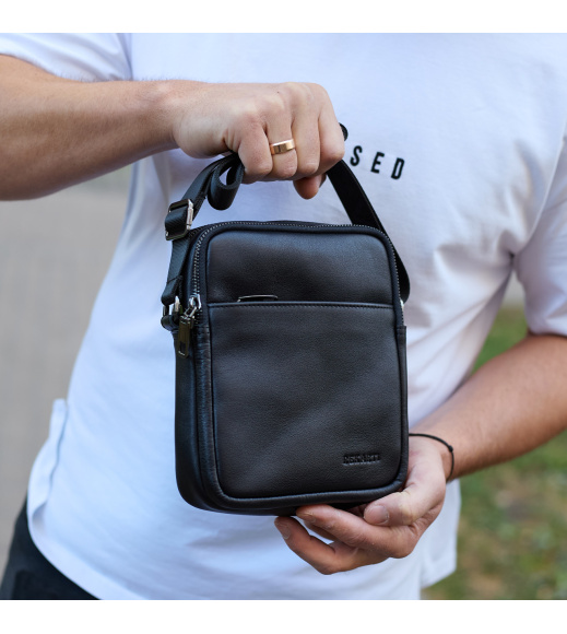 Мужская сумка через плечо, гладкая кожа 20х16х6, мессенджер для города, барсетка для телефона и документов, черная