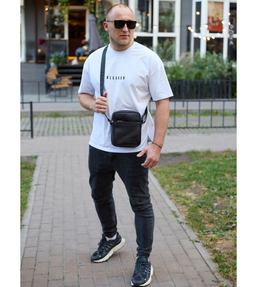Мужская сумка через плечо, гладкая кожа 20х16х6, мессенджер для города, барсетка для телефона и документов, черная