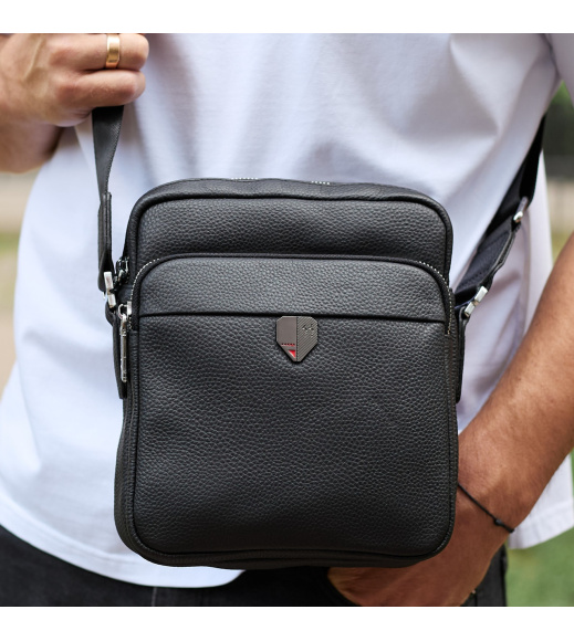 Мужская кожаная сумка-барсетка 24х20х8, компактная сумочка на плечи для мужчины, наплечный мессенджер, черная