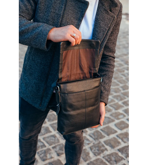 Мужской классический мессенджер 23х26х6, кожаный барсетка через плечо Tiding Bag 2862 черный