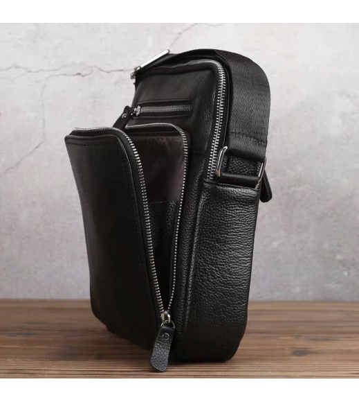 Кожаная мужская сумка-барсетка через плечо 22х26х7/мессенджер для телефона и документов, черный