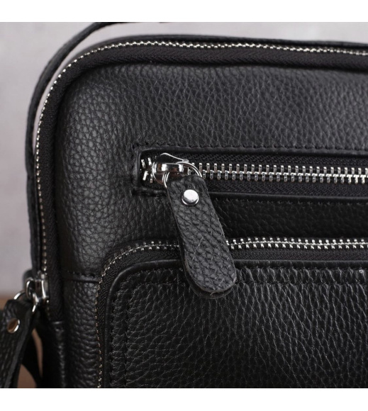 Кожаная мужская сумка-барсетка через плечо 22х26х7/мессенджер для телефона и документов, черный