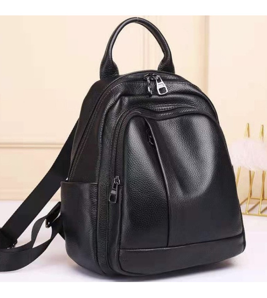 Кожаный женский рюкзак на молнии 23х29х13, сумка наплечная для прогулок, черная