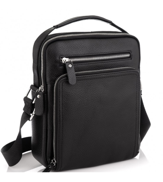 Кожаная мужская сумка-барсетка через плечо 22х26х7/мессенджер для телефона и документов, черный