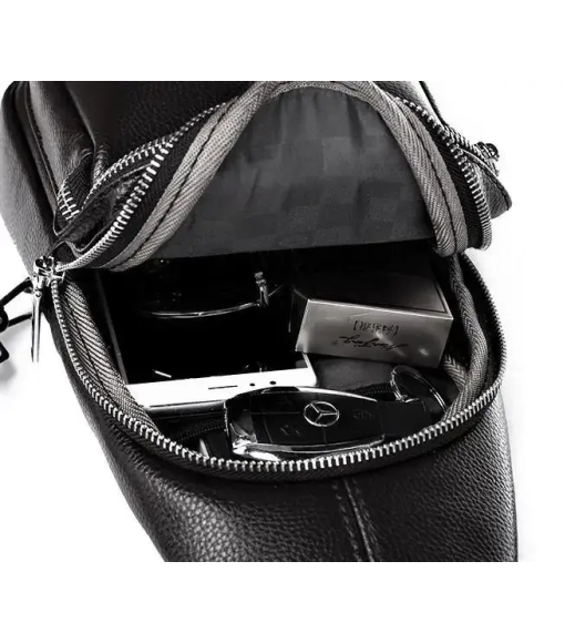 Мужской нагрудный кожаный слинг 18х32х7, сумка-рюкзак через плечо TIDING BAG-MK 83423 черная