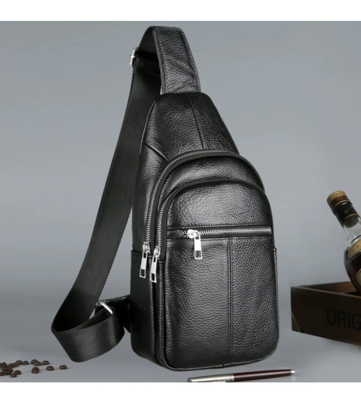 Мужской нагрудный кожаный слинг 18х32х7, сумка-рюкзак через плечо TIDING BAG-MK 83423 черная