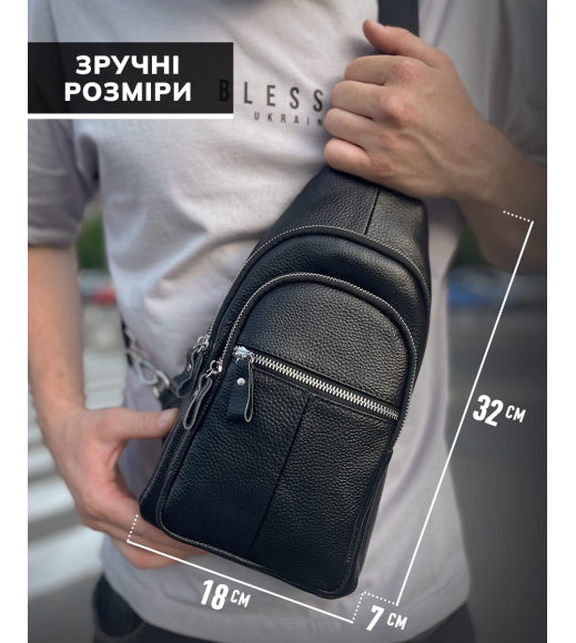 Мужской нагрудный кожаный слинг 18х32х7, сумка-рюкзак через плечо TIDING BAG-MK 83423 черная