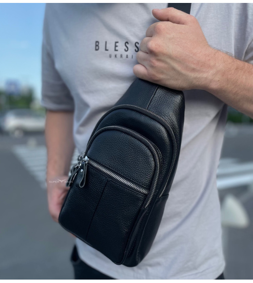 Мужской нагрудный кожаный слинг 18х32х7, сумка-рюкзак через плечо TIDING BAG-MK 83423 черная