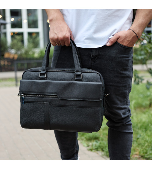 Мужская деловая сумка из кожи 39х29х10, классический портфель для ноутбука и офиса, сумочка для студента, черный.
