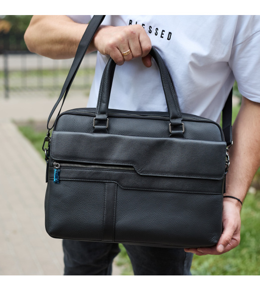 Мужская деловая сумка из кожи 39х29х10, классический портфель для ноутбука и офиса, сумочка для студента, черный.