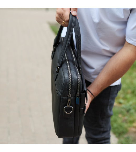 Мужская деловая сумка из кожи 39х29х10, классический портфель для ноутбука и офиса, сумочка для студента, черный.