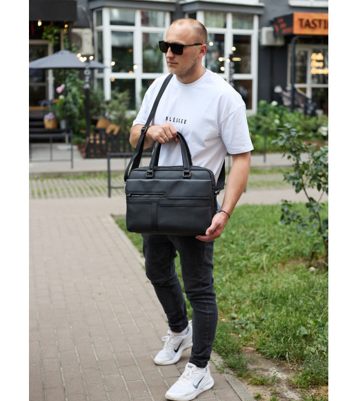 Мужская деловая сумка из кожи 39х29х10, классический портфель для ноутбука и офиса, сумочка для студента, черный.