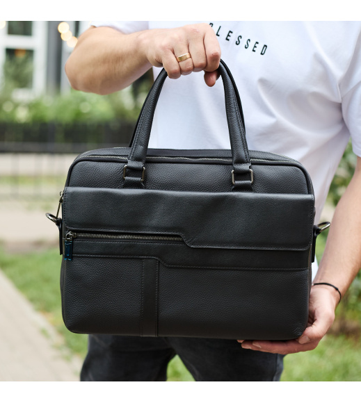 Мужская деловая сумка из кожи 39х29х10, классический портфель для ноутбука и офиса, сумочка для студента, черный.