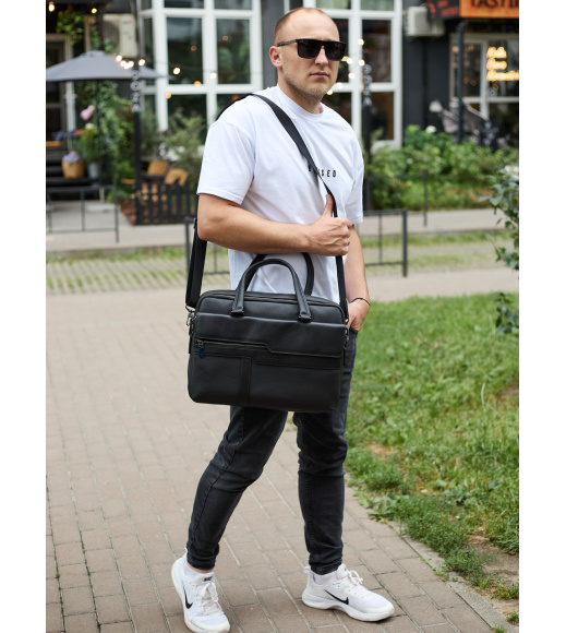 Мужская деловая сумка из кожи 39х29х10, классический портфель для ноутбука и офиса, сумочка для студента, черный.