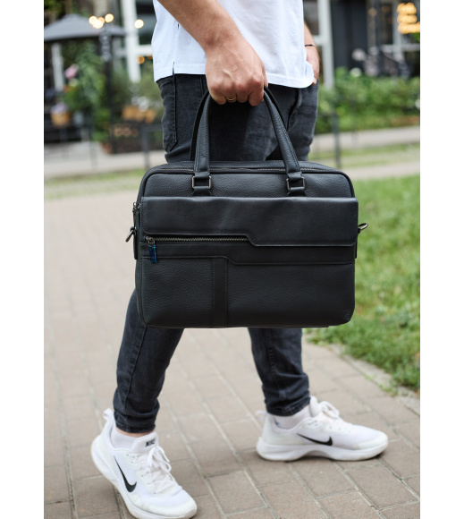 Мужская деловая сумка из кожи 39х29х10, классический портфель для ноутбука и офиса, сумочка для студента, черный.