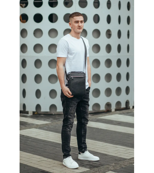 Кожаная мужская сумка-барсетка через плечо 22х26х7/мессенджер для телефона и документов, черный