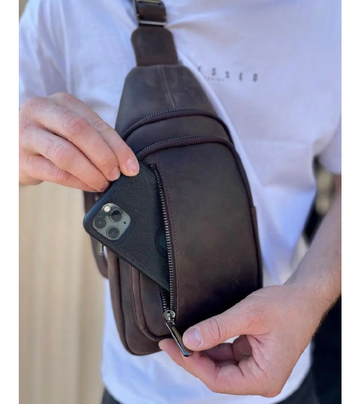 Мужской слинг из кожи 17х30х6, крейзи хорс для телефона 6349 коричневый