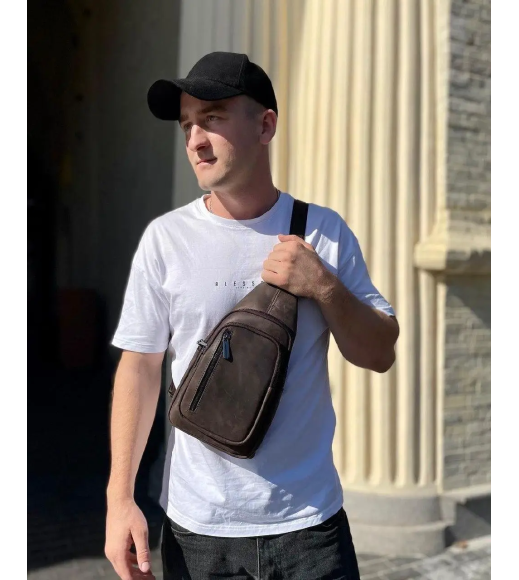 Мужской слинг из кожи 17х30х6, крейзи хорс для телефона 6349 коричневый