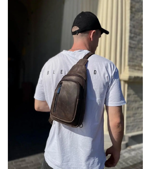 Мужской слинг из кожи 17х30х6, крейзи хорс для телефона 6349 коричневый