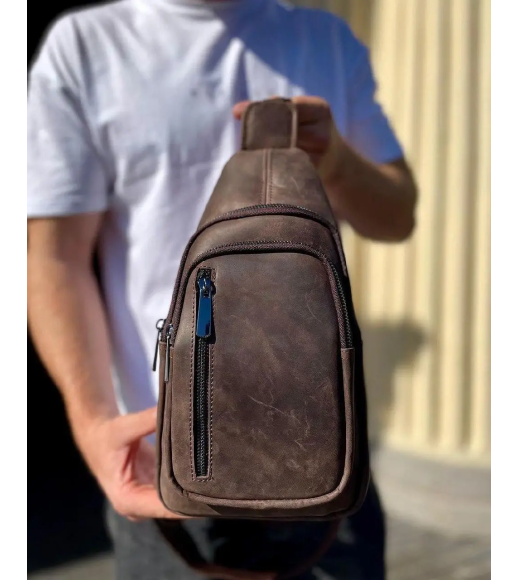 Мужской слинг из кожи 17х30х6, крейзи хорс для телефона 6349 коричневый