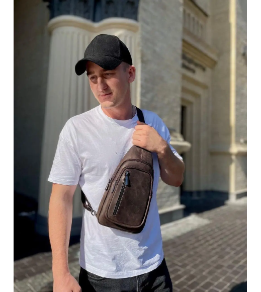 Мужской слинг из кожи 17х30х6, крейзи хорс для телефона 6349 коричневый